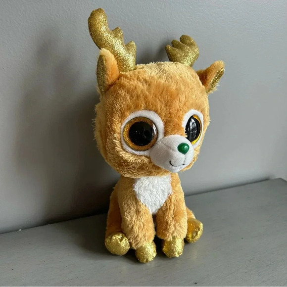 Retired TY Beanie Boos Glitzy Reindeer Gold Sparkly Antlers Medium Size 9 inch - Picture 2 of 10